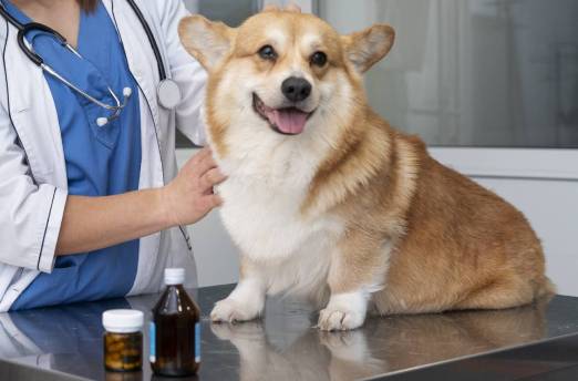 A dog sitting on a table with a doctor's hand
